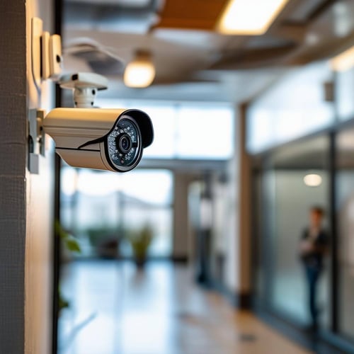 An image of a community building with cameras installed in common areas, ensuring security and legal compliance