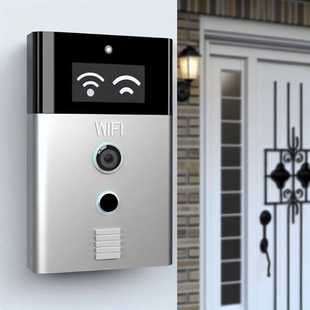 An image of a modern and sleek video doorbell system with WiFi connectivity, allowing remote access and control through a mobile app