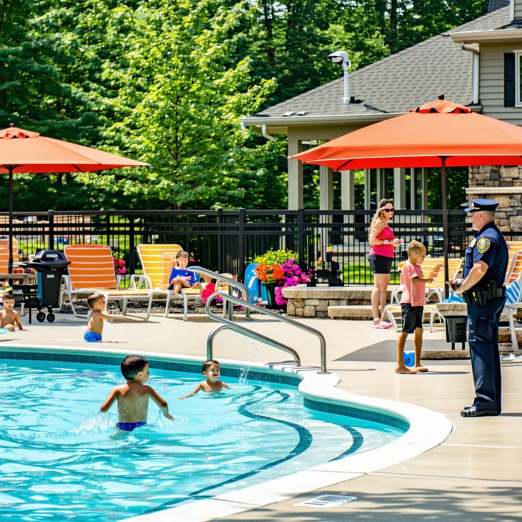 The image captures a vibrant summer scene within a residential community bustling with activity Sunlight bathes the area illuminating a wellmaintained swimming pool surrounded by lounge chairs and colorful umbrellas In the background lush greenery bo-1