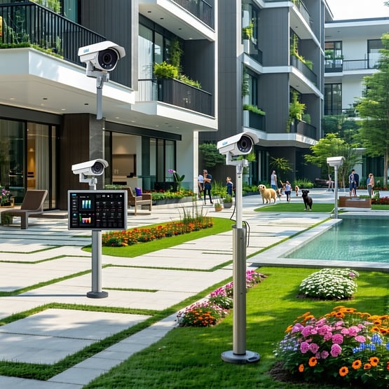 The image depicts a modern residential complex with a sleek design showcasing a wellmaintained communal area In the foreground several CCTV cameras are strategically placed monitoring the entrance and pathways The building features a blend of glass a