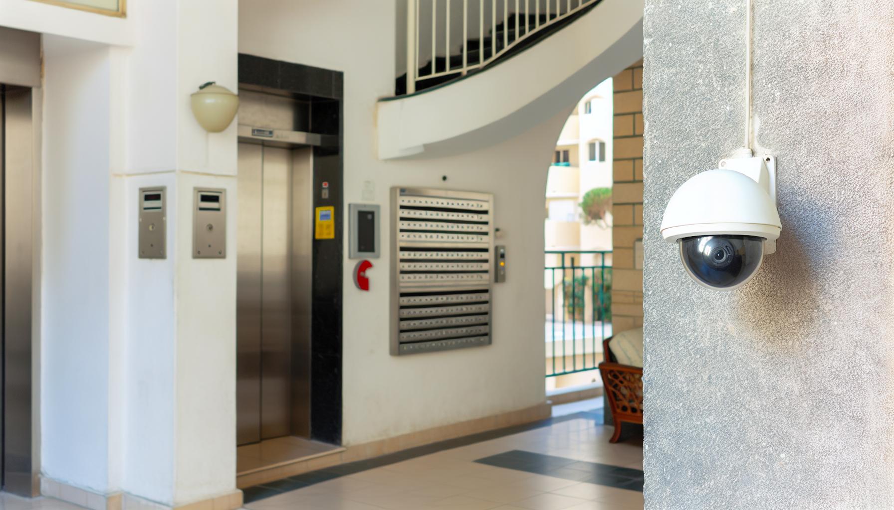 Un portal de una comunidad de vecinos donde en primer plano vea una cámara de seguridad tipo DOMO, cámara blanca, y que en el fondo se vea los ascenso-2